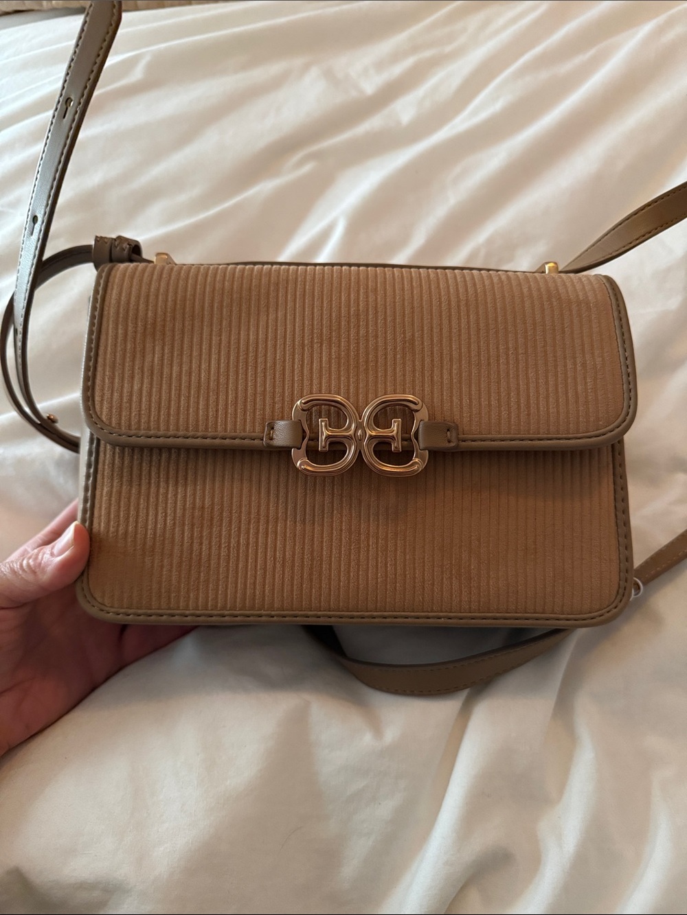 Sam Edelman Tan Textured Woven Crossbody with Gold-Tone Logo